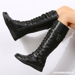 Round Toe Front Lace-up Tube Side Zipper Knight Boots – view 3