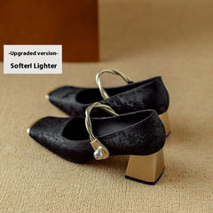 Embossed Silk Kitten Heels Matching Square Head With Thick