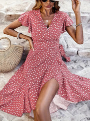 V-neck Printing Short Sleeve Skirt Tied Lotus Leaf Dress