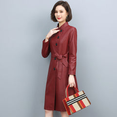 Women Leather Trench Spring Turn-down Collar Solid Color Drawstring Loose Long Sheepskin Coat