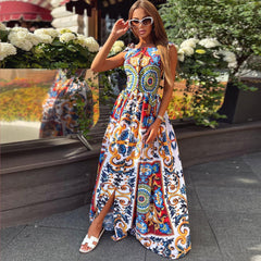 Blue Printed Vacation Style Deep V-neck Sleeveless Women's Long Dress