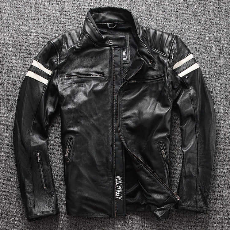 Stand collar motorcycle leather jacket - Fashionoto