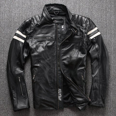 Stand collar motorcycle leather jacket - Fashionoto
