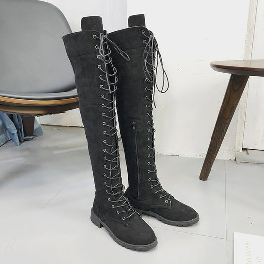Lace-up Over-the-knee Flat Boots Women's Shoes