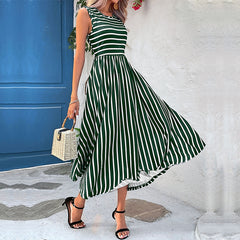 Summer Round Neck European And American Striped Sleeveless Dress