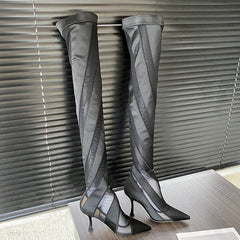 Pointed Heel Elastic Thread Stitching Mesh Long Tube Over The Knee Boots