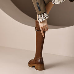 Leather Heel Knee Boots British Style Round Toe Chunky