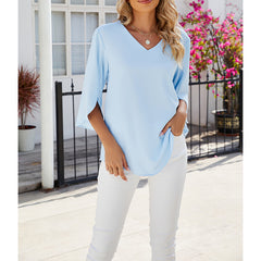 Women's Chiffon Blouses 3 4 Sleeve Summer Dressy Tunic Tops Casual Loose V Neck T-Shirts