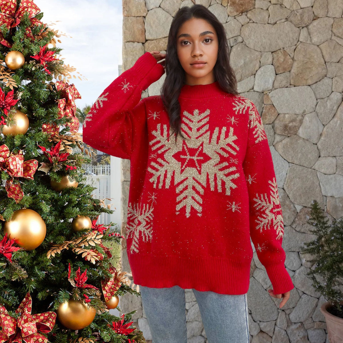 Women's Sweater Gold Thread Snowflake Half Turtleneck Jacquard Loose-fitting