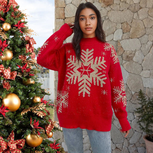 Women's Sweater Gold Thread Snowflake Half Turtleneck Jacquard Loose-fitting