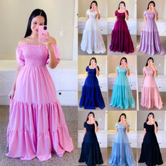 European And American Style Dress Off-shoulder Floral Off-shoulder Long Color Fairy Skirt
