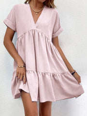 New Short-sleeved V-neck Dress Summer Casual Sweet Ruffled Dresses Solid Color Holiday Beach Dress For Womens Clothing
