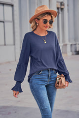 Women's Tops Round Neck Pleated Lantern Sleeve Women's Long European And American T-shirt