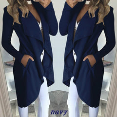 Women's Plus Size Solid Color Polo Collar Slim Fit Long Trench Coat