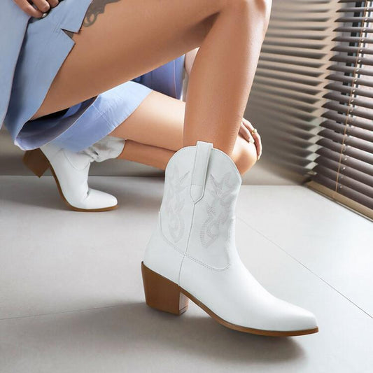 Mirror Patent Leather Embroidery Knee Boots Pointed Mid-calf Embroidery Chunky Heel