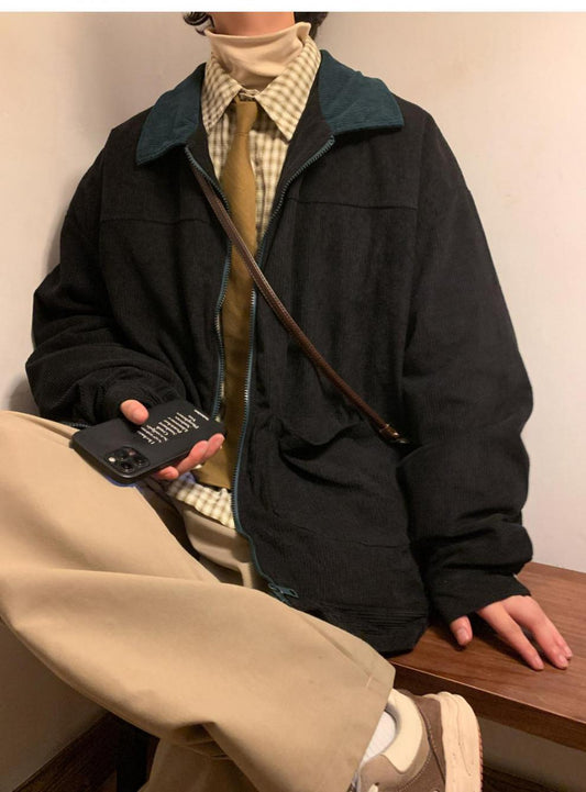 Navy Blue Japanese Corduroy Shirt Jacket American Vintage Overalls