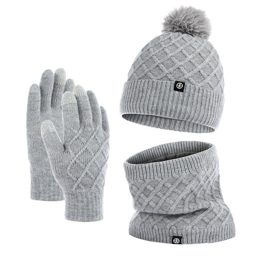 Autumn And Winter Hat Scarf Gloves Knitted Hat Amazon Outdoor Fleece-lined Warm Fur Ball Thickened Woolen Cap Three-piece Set