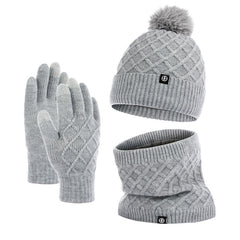 Autumn And Winter Hat Scarf Gloves Knitted Hat Amazon Outdoor Fleece-lined Warm Fur Ball Thickened Woolen Cap Three-piece Set
