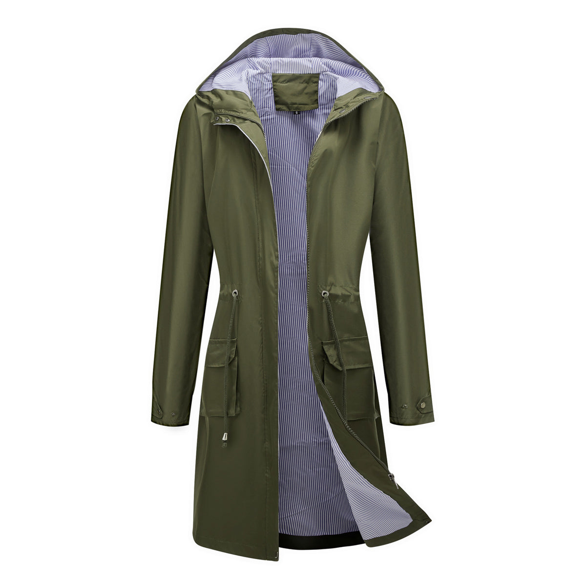 Long Casual Windbreaker Women's Waterproof Hooded Solid Color  Striped Lining Straight Coat