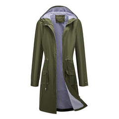 Long Casual Windbreaker Women's Waterproof Hooded Solid Color  Striped Lining Straight Coat