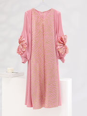 High-grade Bronzing Plate Flower V-neck Temperament Mid-length Pleated Dress