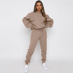 Solid Color Round Neck Pullover, Long Pants And Long Sleeve Hoodie Set