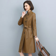 Women Leather Trench Spring Turn-down Collar Solid Color Drawstring Loose Long Sheepskin Coat