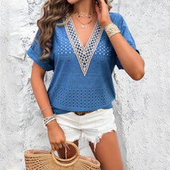 Women's Fashion Temperament Leisure Short Sleeve V-neck T-shirt