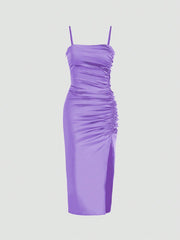 Solid Color Ruched Bodycon Slit Cami Dress Party Dress Wedding Guest Dress