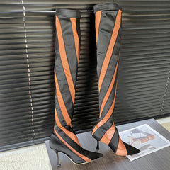Pointed Heel Elastic Thread Stitching Mesh Long Tube Over The Knee Boots