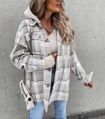 Fashion Lapel Hooded Loose Long Sleeve Women's Plaid Woolen Coat