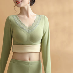 Thermal Underwear Women's Suit With Chest Pads Sexy V-neck Lace Long Sleeves