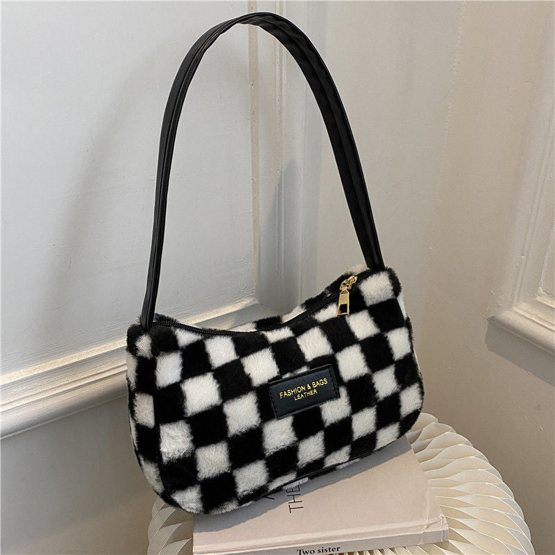 Women's plush plaid underarm bag - view 2