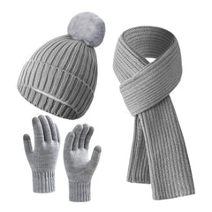 Solid Color Woven Hat Scarf And Gloves Warm Set