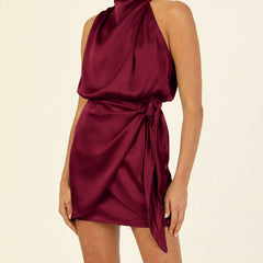 Elegant Halter Neck Dress Fashion Sleeveless Waist-tied Short Dresses For Evening Party Clothing Women