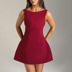 Fashion Sleeveless Backless High Waist Solid Color Slim Fit Short Dress