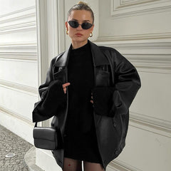 Women's Elegant Suit Collar Loose Leather Coat