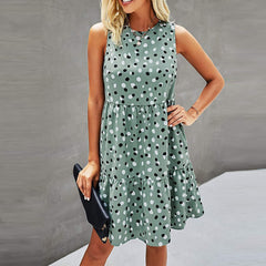 Women Summer Dot Print Sleeveless Loose Swing T-Shirt Dress With Pocket Casual Tank Mini Dresses Sundress