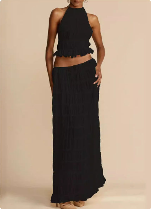 Backless Lace-up Halterneck Sling Top Suit Wooden Ear Pleated Dress