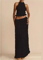 Backless Lace-up Halterneck Sling Top Suit Wooden Ear Pleated Dress