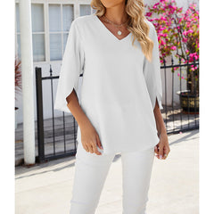 Women's Chiffon Blouses 3 4 Sleeve Summer Dressy Tunic Tops Casual Loose V Neck T-Shirts