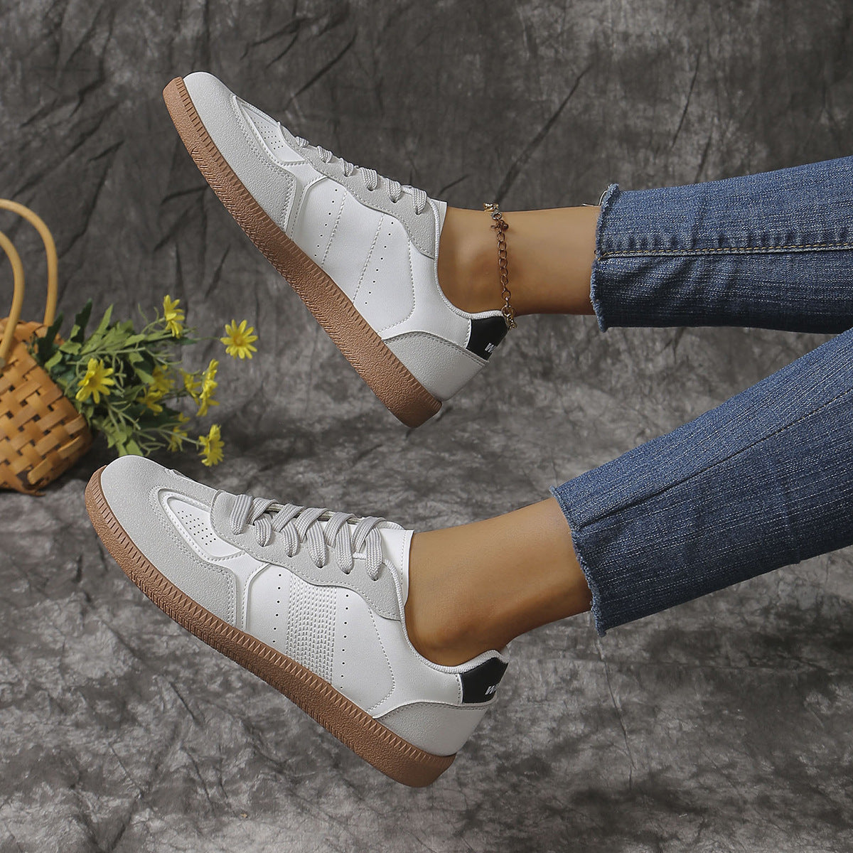 Colorblock Lace-up Flats Shoes Fashion Breathable Hollow Slip On Casual Shoes For Women