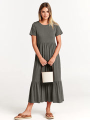 Women's Sub-round Neck Pleating Layered Large Swing Casual Dress