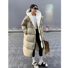 Women's White Duck Down Long Hooded Warm Puffer Jacket