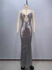 Fashion Backless V Sequined Suspender Ruffled Long Sheath Dress