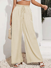 European And American Summer Pure Color Elastic Waist Lace-up Loose Wide-leg Pants