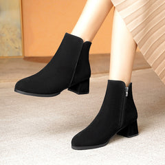 Pointed-toe Frosted Suede Side Zipper Chunky Heel Mid Heel Plus Size Female Boots – view 3