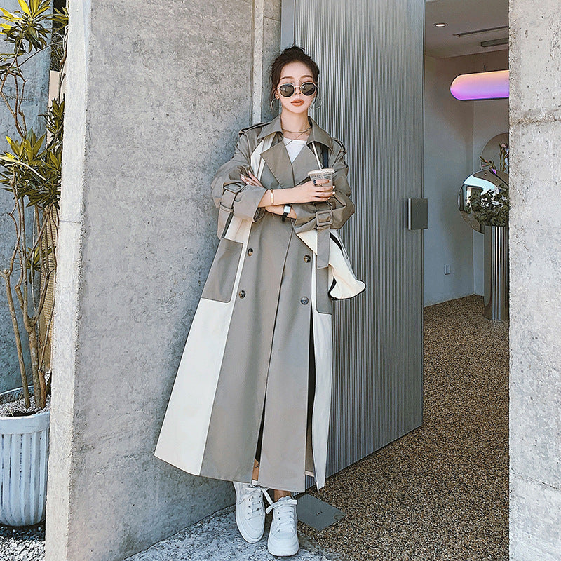 Stitching Contrast Drape Windbreaker British Style Fashion Over The Knee