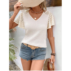 V-neck Lace Temperament Commuter Loose Casual Knitted Short Sleeve