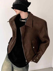 Short Padded Shoulder Brown Leather Coat Men's Pilot Jacket